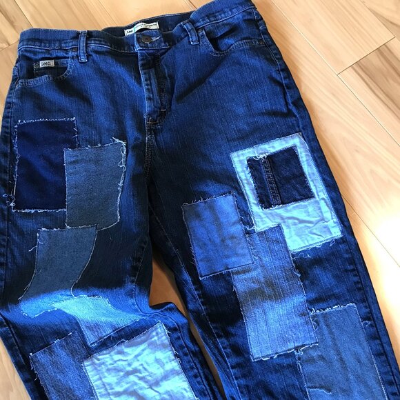 Boho Patchwork Jeans, Size 12: Upcycled Distressed Denim on Denim Hippie Pants - Picture 8 of 10